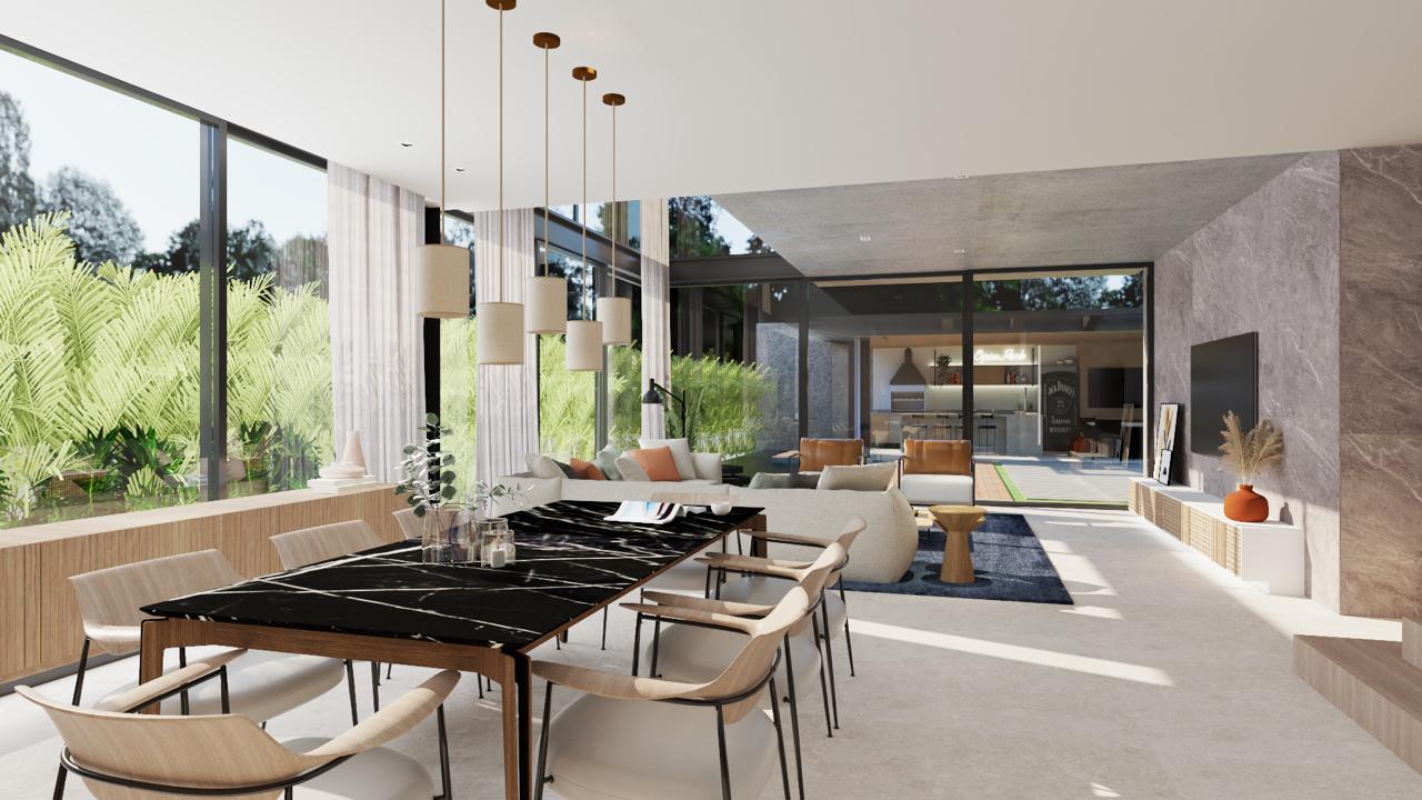 Sala de jantar integrada com cozinha gourmet