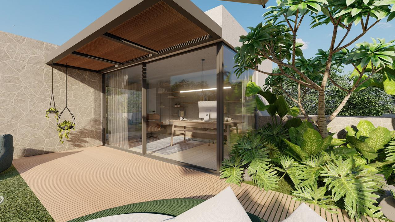 Vista lateral com pergola e área externa